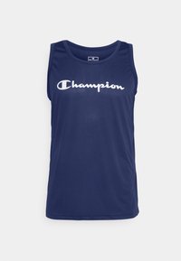 Navy blue sleeveless tank top made of mesh fabric, featuring a white "Champion" logo centered on the front, with a round neckline.