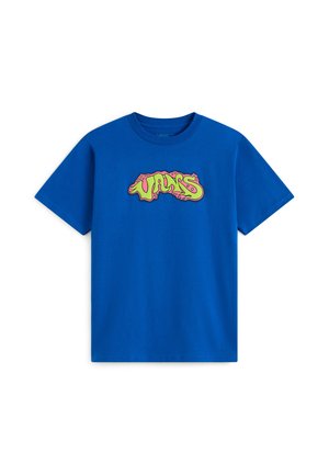 Camiseta azul de manga corta con el logo "Vans" en estilo graffiti colorido en verde y rosa centrado en el pecho.