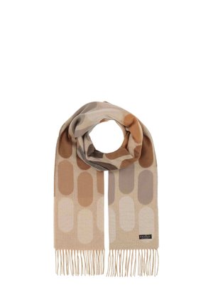 Wool scarf in beige with oval patterns in shades of brown and taupe. Features fringed ends and a brand label on one side.