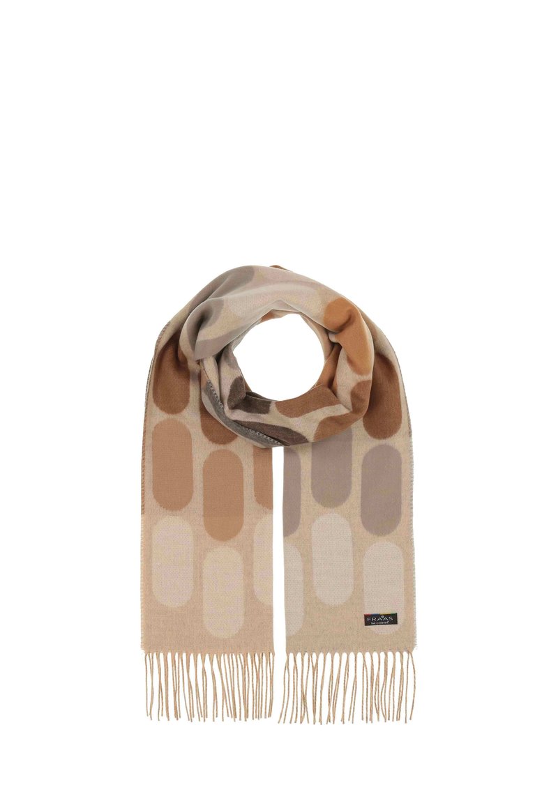 Wollen sjaal in beige met ovale patronen in tinten van bruin en taupe. Heeft franjes aan de uiteinden en een merketiket aan de zijkant.