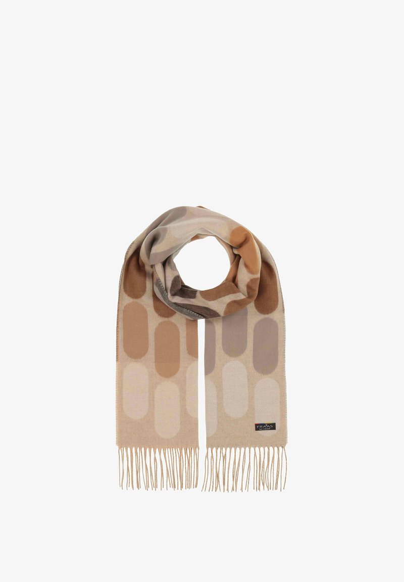 Écharpe en laine beige avec des motifs ovales dans des teintes de marron et de taupe. Présente des extrémités à franges et une étiquette de marque sur un côté.