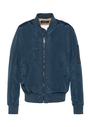 Marineblaue Bomberjacke aus glänzendem Nylonmaterial, mit einem Frontreißverschluss, gerippten Bündchen und zwei Seitentaschen sowie einer Tasche am linken Arm.