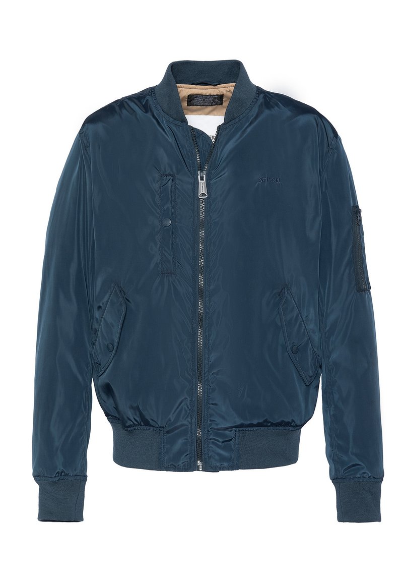 Marineblaue Bomberjacke aus glänzendem Nylonmaterial, mit einem Frontreißverschluss, gerippten Bündchen und zwei Seitentaschen sowie einer Tasche am linken Arm.