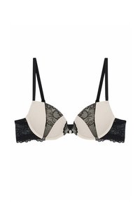 Sutien bej și negru cu detalii din dantelă, cu cupe periate, bretele ajustabile și margini ondulate. Închidere la centru cu o fundiță decorativă.