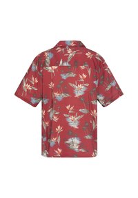 Korte mouwen shirt in het rood met een bloem- en palmboompatroon. Gemaakt van lichte stof met een ontspannen pasvorm en een achterzak.