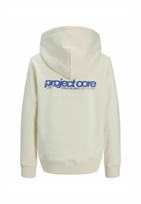 Kremowa bluza z luźnym krojem. Posiada duże niebieskie logo "project core" oraz napis na plecach. Wykonana z miękkiego materiału, z kieszenią typu kangur na przodzie.