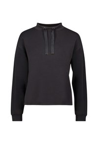 Czarny sweter z wysokim dekoltem, długimi rękawami, regulowanym sznurkiem oraz ściągaczami przy rękawach i u dołu. Gładka faktura materiału.