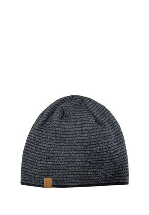 Gray knit beanie with a textured, striped pattern. Features a small, rectangular leather logo patch on the side. Soft and stretchy material.