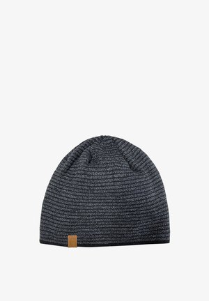 Gray knit beanie with a textured, striped pattern. Features a small, rectangular leather logo patch on the side. Soft and stretchy material.