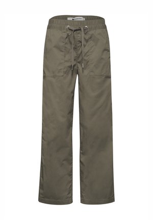 Pantalon décontracté vert olive avec taille élastique, cordon de serrage réglable et grandes poches plaquées à l'avant, coupe droite.