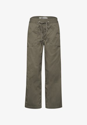 Pantalon décontracté vert olive avec taille élastique, cordon de serrage réglable et grandes poches plaquées à l'avant, coupe droite.