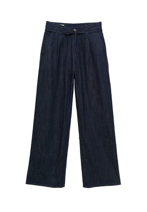 Pantaloni a gamba larga in denim scuro, con vita regolabile tramite coulisse, chiusura con bottone e una texture sottile. Nessun motivo o accentuazione visibile.