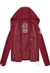 Burgundy puffer jacket with a hood, featuring quilted texture, white zipper, and inner label details. Includes two inner pockets.