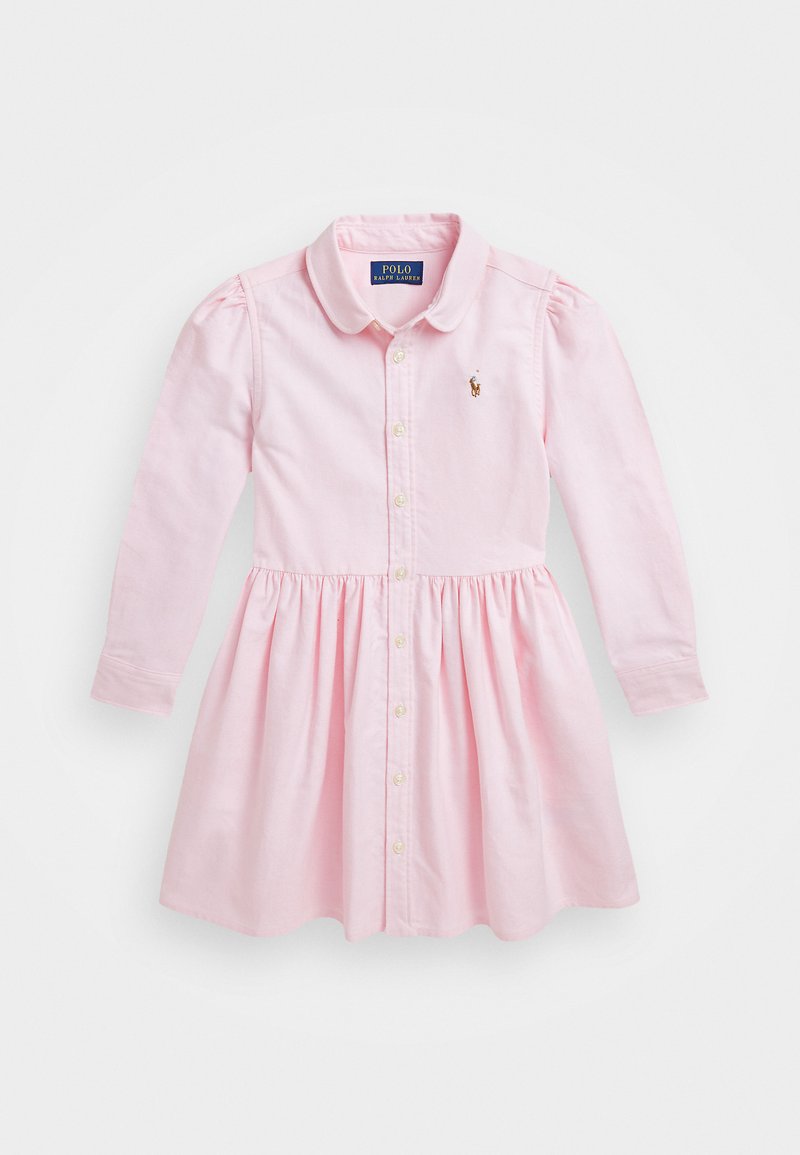 Pink long-sleeve dress made of soft fabric, featuring a collared neckline, button front, and gathered skirt. Small embroidered logo detail.