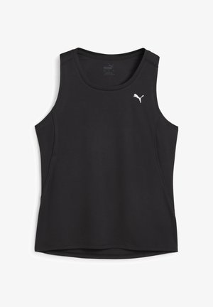 Black athletic tank top made of smooth fabric. Features a round neckline and slim fit, with a white Puma logo on the left chest.