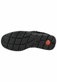 Suola di scarpa in gomma nera con pattern testurizzati, tasselli rettangolari per aderenza e un particolare rosso circolare. Design piatto, materiale resistente.