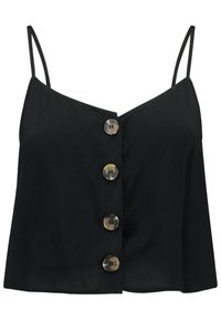 Débardeur noir à fines bretelles, décolleté en V, avec six boutons ronds sur le devant ; texture lisse et coupe ample.