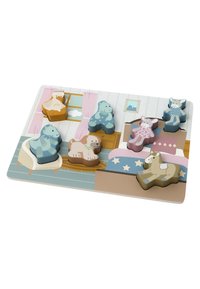Wooden animal puzzle with eight colorful pieces in various shapes, featuring a blue bear, brown dog, pink bunny, and more, on a printed base.