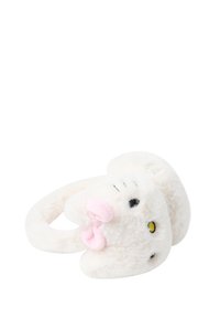 Jouet en anneau en peluche blanc en forme de chat, avec une texture douce, présentant des yeux brodés jaunes et noirs et un accent de nez rose.