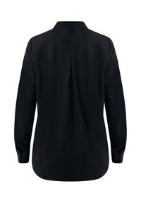 Černá košile s dlouhým rukávem a límečkem, se skladem na zadní straně, zaobleným lemem a knoflíkovými manžetami. Hladká textilie s jednobarevným vzorem.
