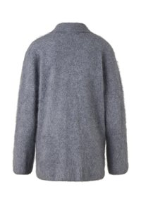 Soft, fuzzy grey long-sleeve sweater shown from the back with a loose fit and a simple collar.