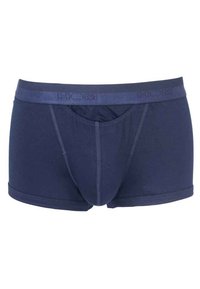 Námořnické modré boxerky s měkkým pasem, na kterém je logo "HOM". Vyrobeny z elastického materiálu s tvarovaným segmentem a plochými švy.