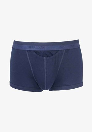 Granatowe bokserki z miękkim pasem, na którym znajduje się logo "HOM". Wykonane z elastycznego materiału z dopasowaną kieszonką i płaskimi szwami.