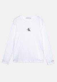 Biała, długarosmukła koszulka z długim rękawem, wykonana z bawełny, z okrągłym dekoltem, z czarnym logo "cK" na piersi oraz napisem na jednym rękawie.