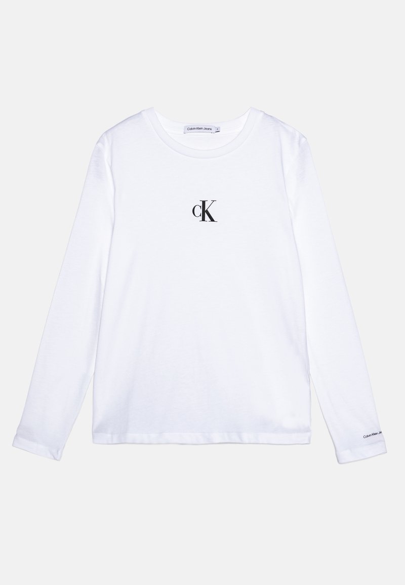 Biała, długarosmukła koszulka z długim rękawem, wykonana z bawełny, z okrągłym dekoltem, z czarnym logo "cK" na piersi oraz napisem na jednym rękawie.