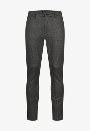 Graue maßgeschneiderte Hose aus strukturiertem Stoff, mit schmaler Passform und einem vorderen Knopfverschluss. Ideal für formelle oder smart-casual Anlässe.
