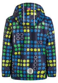 Námořnická voděodolná bunda s kapucí má velký, barevný motiv s puntíky v zelené, modré a žluté barvě. Obsahuje reflexní prvky.