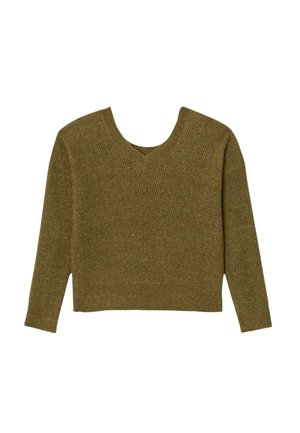 Pull tricoté vert olive avec un col en V profond, des manches longues et un ourlet droit. Motif texturé avec un fin côtelé sur toute la surface.