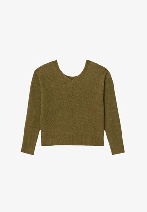Pull tricoté vert olive avec un col en V profond, des manches longues et un ourlet droit. Motif texturé avec un fin côtelé sur toute la surface.