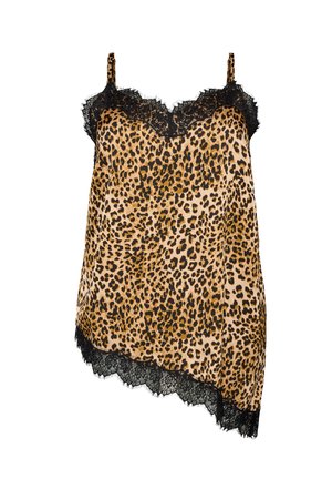 Ærmeløs leopardprint slipkjole med sort blondekant ved halsudskæringen og asymmetrisk kant mod hvid baggrund.