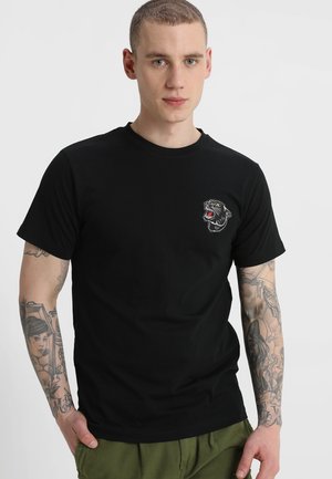 Black cotton t-shirt with short sleeves, round neck, featuring a colorful embroidered panther design on the left chest.