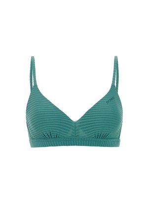 Groene, gestructureerde draadloze beha met dunne verstelbare bandjes en subtiel merklogo op de linker cup, vooraanzicht op witte achtergrond.