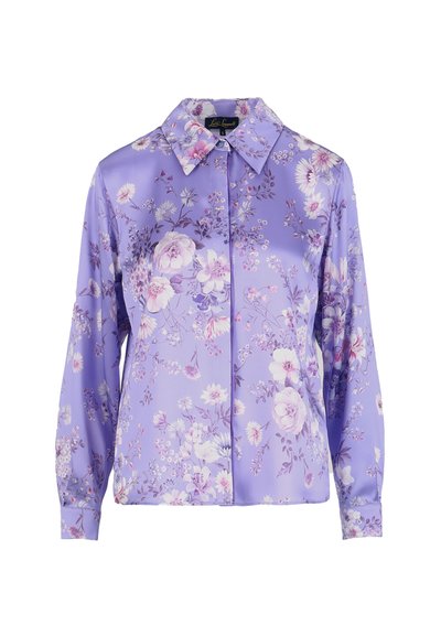 Lavender satin blouse with long sleeves and a floral print featuring white, pink, and purple flowers, buttons hidden under front placket.