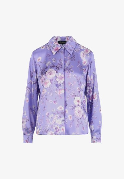 Lavender satin blouse with long sleeves and a floral print featuring white, pink, and purple flowers, buttons hidden under front placket.