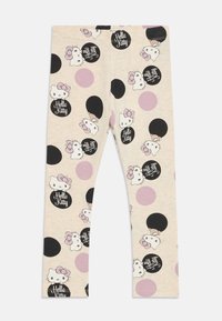 Bežinės medvilninės legging'os su minkšta tekstūra, puoštos Hello Kitty personažų ir pastelinių rožinių bei juodų ratų dizainu.