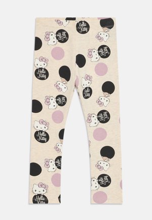 Bežinės medvilninės legging'os su minkšta tekstūra, puoštos Hello Kitty personažų ir pastelinių rožinių bei juodų ratų dizainu.