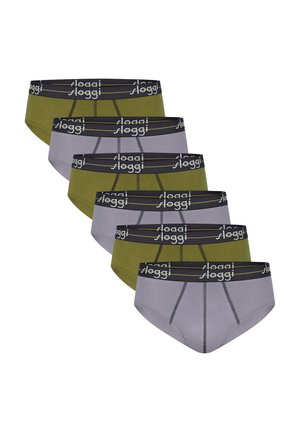 Sechs Herren-Slips in abwechselndem Olivgrün und Grau, jeweils mit einem schwarzen Bund, der das weiße "sloggi"-Logo trägt.