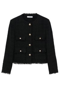 Musta teksturoitu takki pitkillä hihoilla, pyöreä pääntie, kultaiset napit edessä ja neljässä etutaskussa, repaleiset reunat.