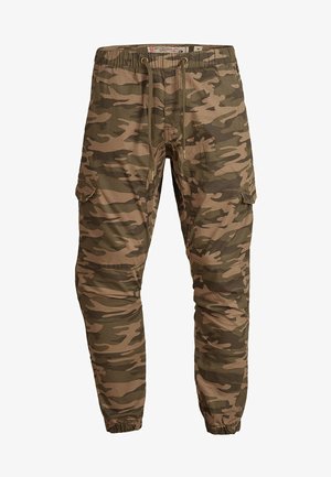 Tarnfarbene Cargohosen in Erdtönen mit einem Kordelzugbund, mehreren Taschen und schmal zulaufendem Bein mit elastischen Bündchen.