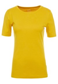 Žluté tričko s krátkým rukávem, s kulatým výstřihem, vyrobené z hladkého bavlněného materiálu, s jednoduchým designem bez viditelných vzorů nebo akcentů.