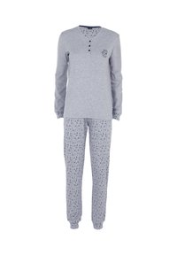 Set di pigiama grigio in cotone con maglia a maniche lunghe, scollo a V, tre bottoni e stampa sul petto; pantaloni con motivo a stelle e polsini elastici.