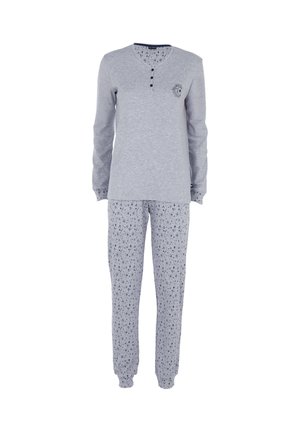 Set di pigiama grigio in cotone con maglia a maniche lunghe, scollo a V, tre bottoni e stampa sul petto; pantaloni con motivo a stelle e polsini elastici.