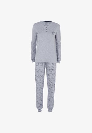 Set di pigiama grigio in cotone con maglia a maniche lunghe, scollo a V, tre bottoni e stampa sul petto; pantaloni con motivo a stelle e polsini elastici.