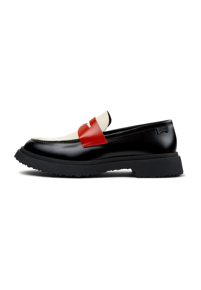 Svarta läderloafers med ett vitt och rött spänne, gummisulor med lugg och kontrasterande sömdetaljer. Snygg design med platt klack.