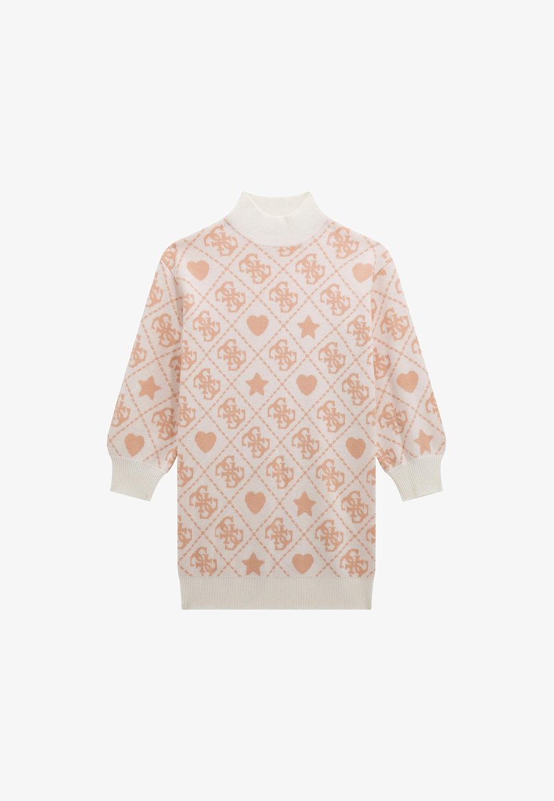 Strickpullover mit hohem Kragen, versehen mit einem Rautenmuster in sanftem Pfirsich und Creme, akzentuiert mit Herzen und Sternen. Lange, puffige Ärmel.