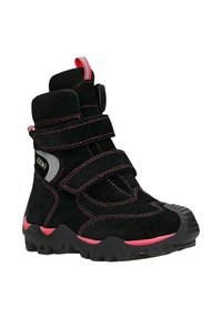 Zwarte suède laarzen met rode stiksels, dubbele klittenbandsluitingen en een contrasterende roze rubberen zool. Heeft een ronde neus en een gevoerde kraag.